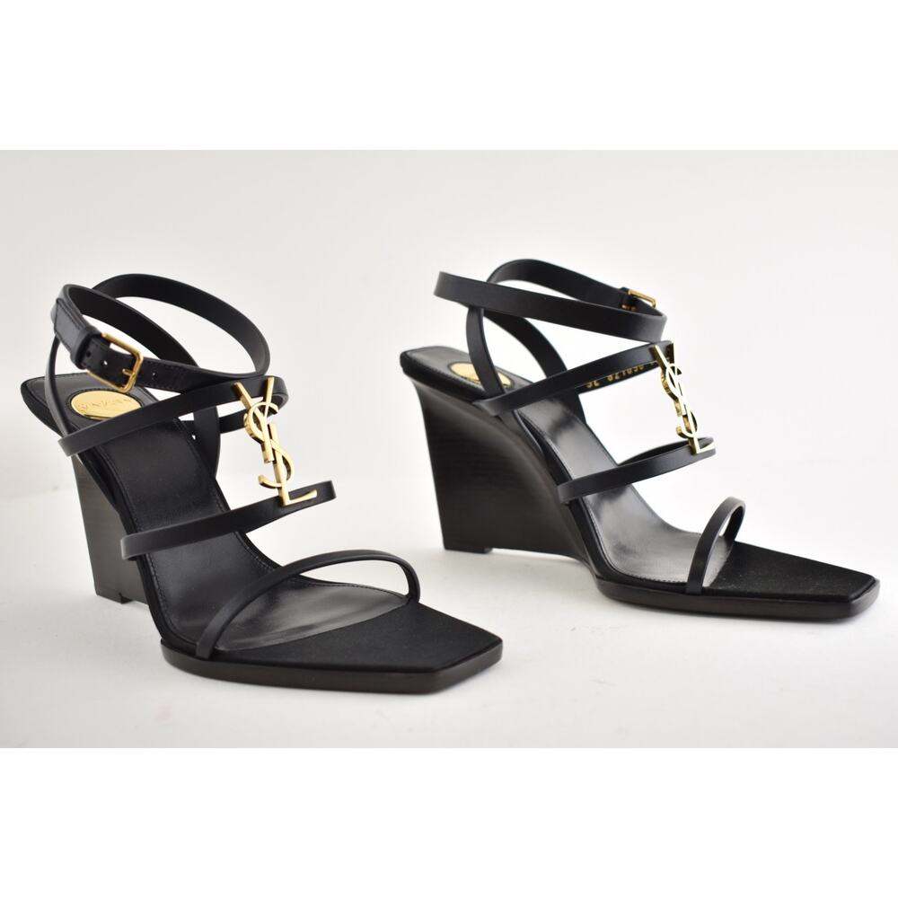 Saint Laurent YSL Logo Cassandra 90 Black Ankle Strap Wedge Sandal Heel 36.5 - Picture 4 of 16